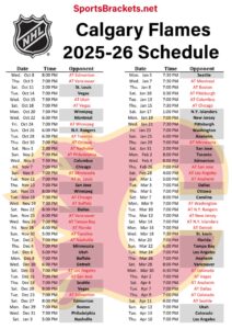 Printable 2025-26 Calgary Flame Schedule