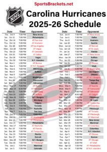Printable 2025-26 Carolina Hurricanes Schedule