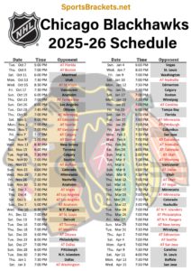 Printable 2025-26 Chicago Blackhawks Schedule