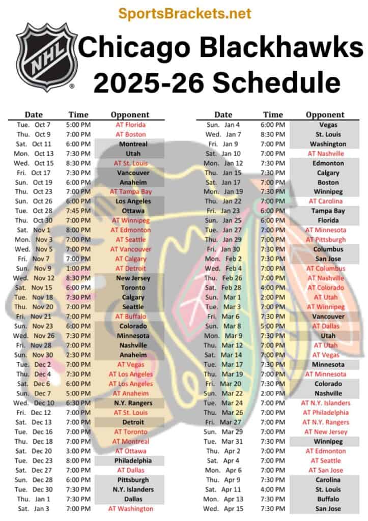 Printable 2025-26 Chicago Blackhawks Schedule