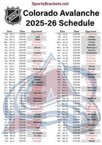 Printable 2025-26 Colorado Avalanche Schedule