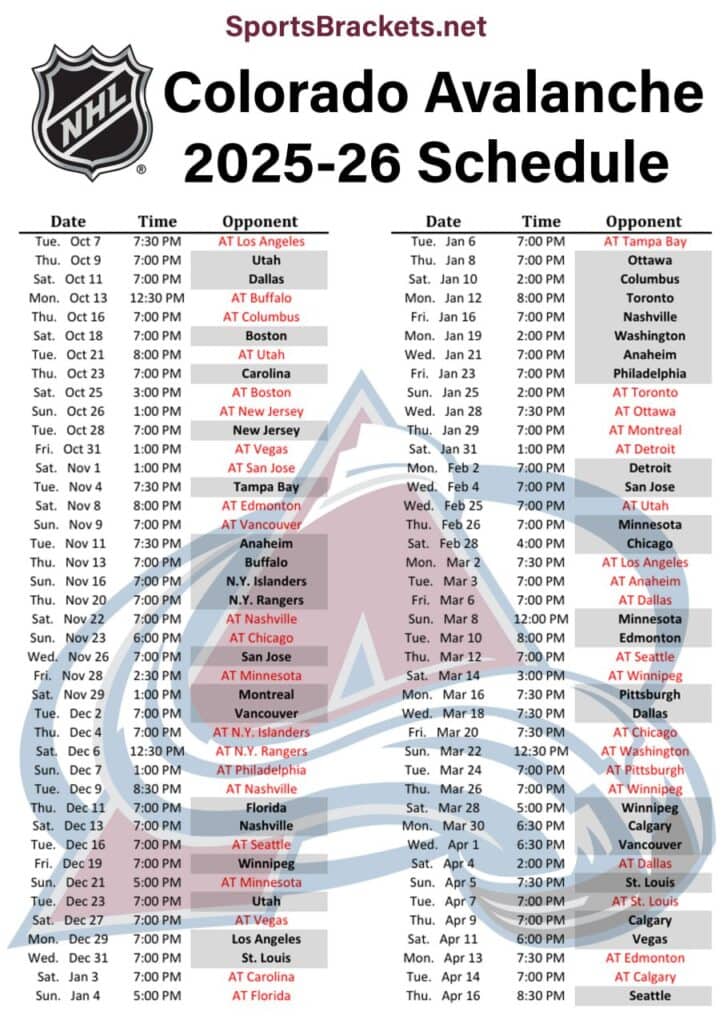 Printable 2025-26 Colorado Avalanche Schedule