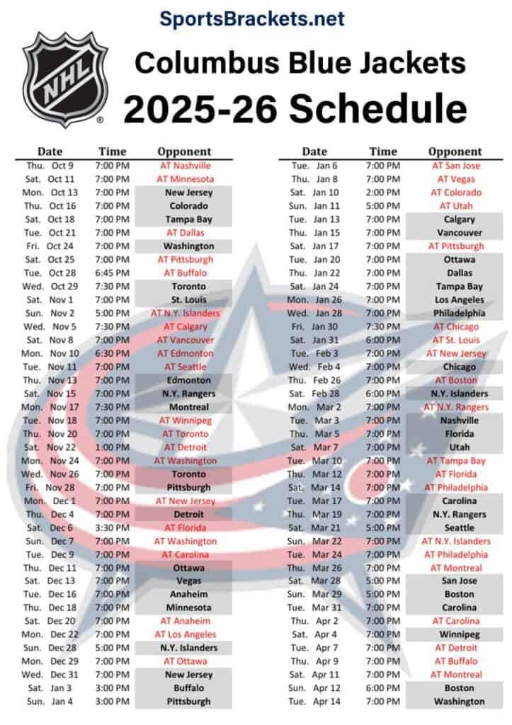 Printable 2025-26 Columbus Blue Jackets Schedule