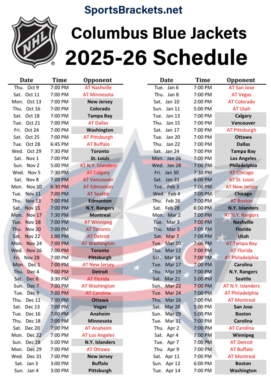 2025 26 Columbus Blue Jackets Schedule Printable PDF Format Sports