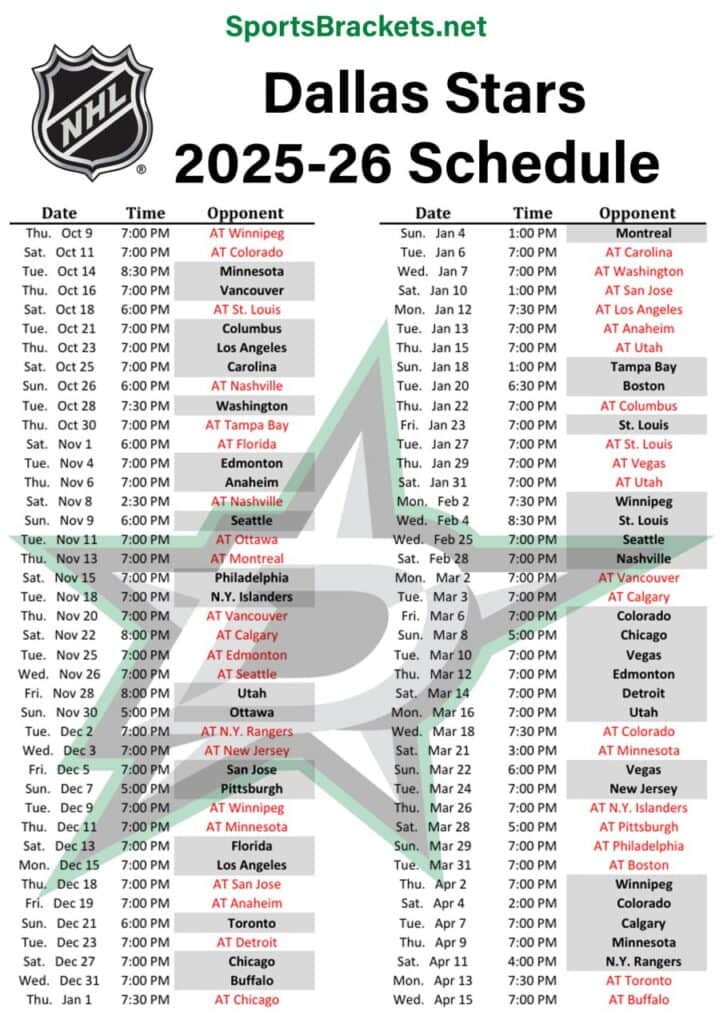 Printable 2025-26 Dallas Stars Schedule