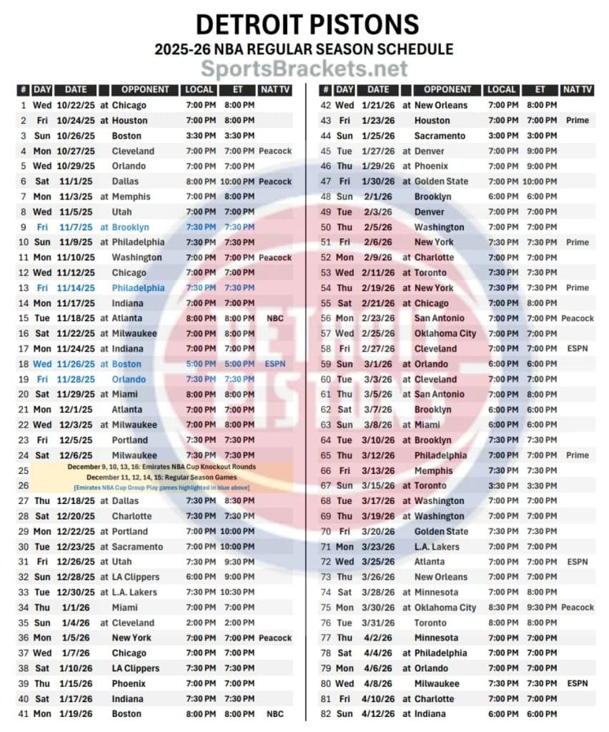 Printable 2025-26 Detroit Pistons Schedule