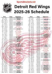 Printable 2025-26 Detroit Redwings Schedule Update