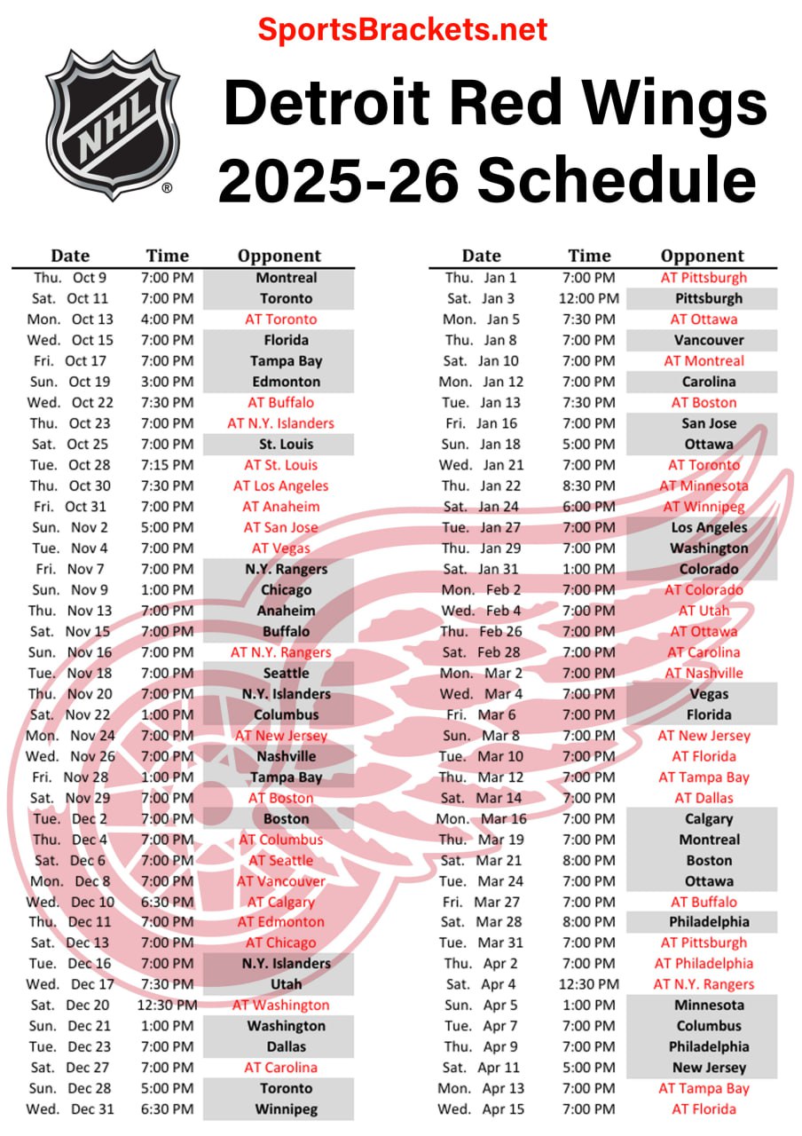 2025 26 Detroit Red Wings Schedule Printable PDF Format Sports Brackets