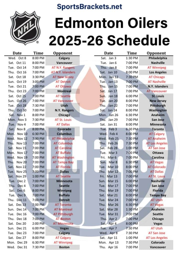 Printable 2025-26 Edmonton Oilers Schedule