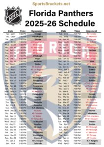 Printable 2025-26 Florida Panthers Schedule