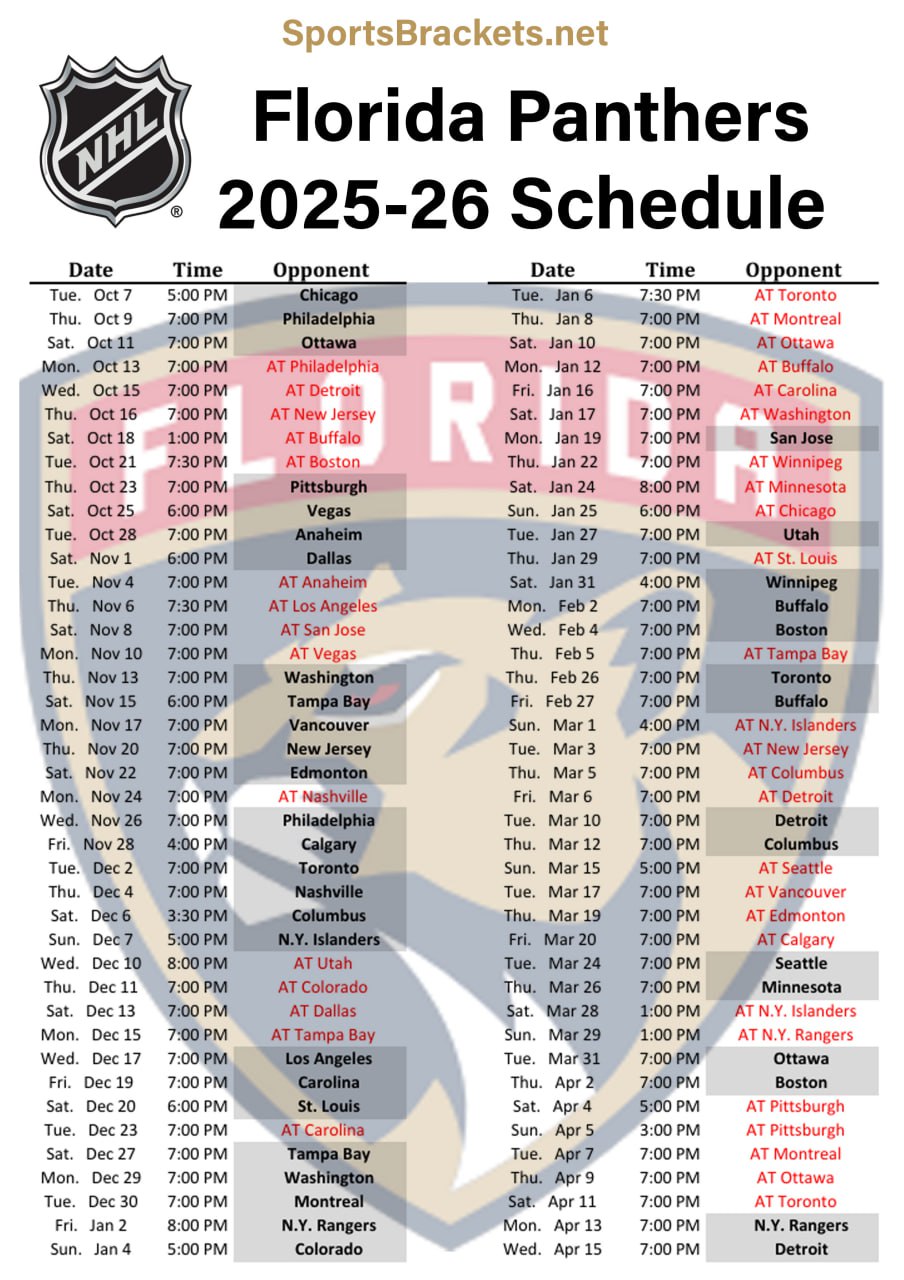 2025 26 Florida Panthers Schedule Printable PDF Format Sports Brackets
