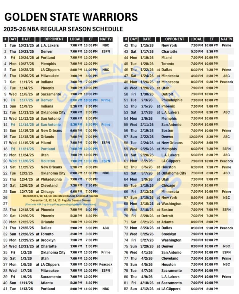 Printable 2025-26 Golden State Warriors Schedule