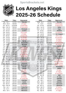 Printable 2025-26 Los Angeles Kings Schedule
