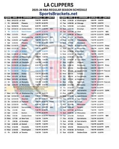 Printable 2025-26 Los Angeles Clippers Schedule