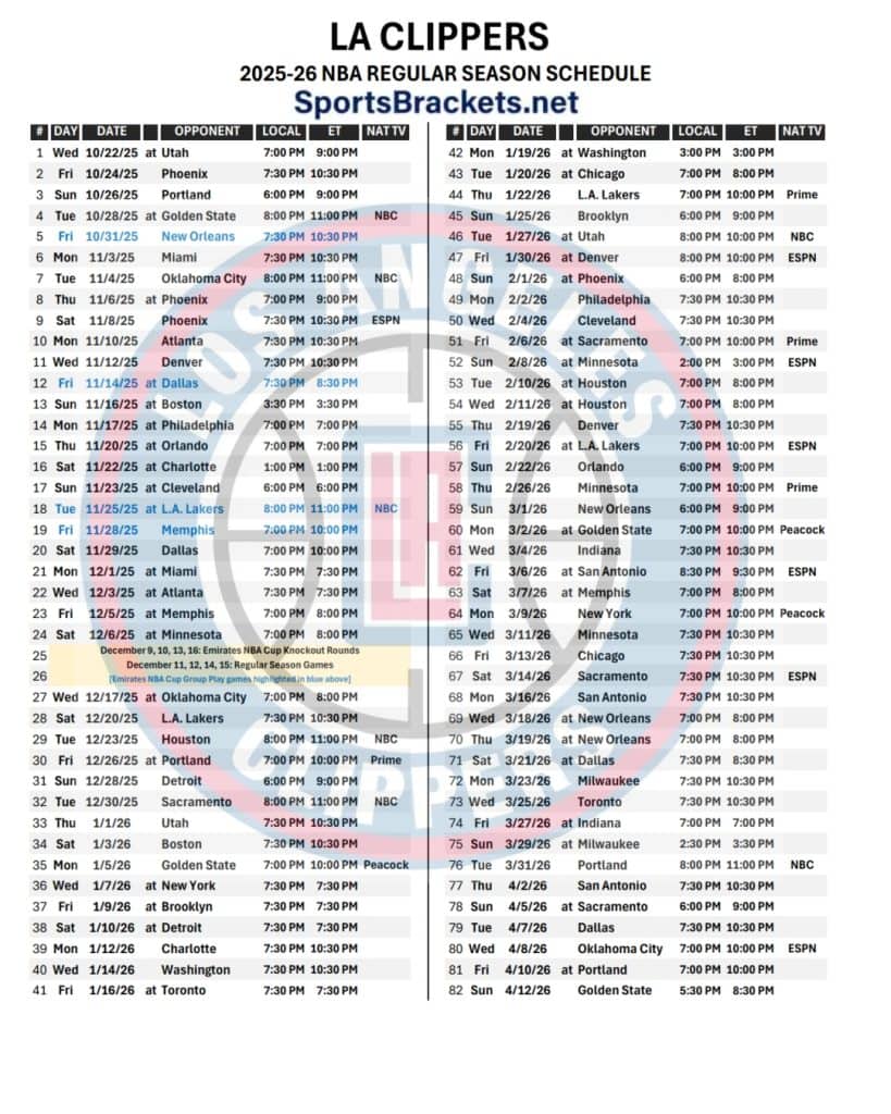 Printable 2025-26 Los Angeles Clippers Schedule
