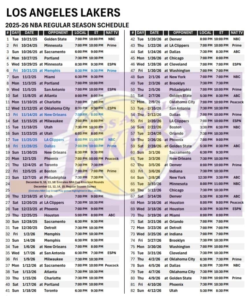 Printable 2025-26 Los Angeles Lakers Schedule
