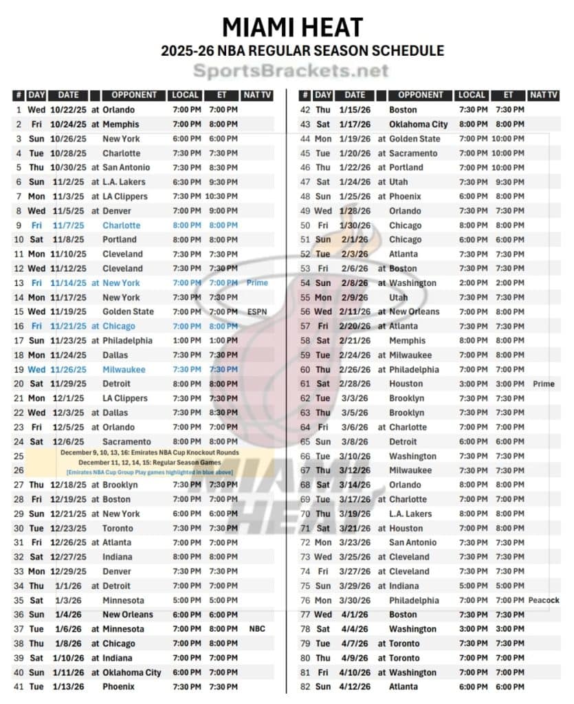 Printable 2025-26 MIami Heat Schedule