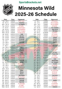 Printable 2025-26 Minnesota Wild Schedule