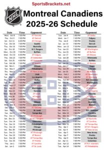 Printable 2025-26 Montreal Canadiens Schedule