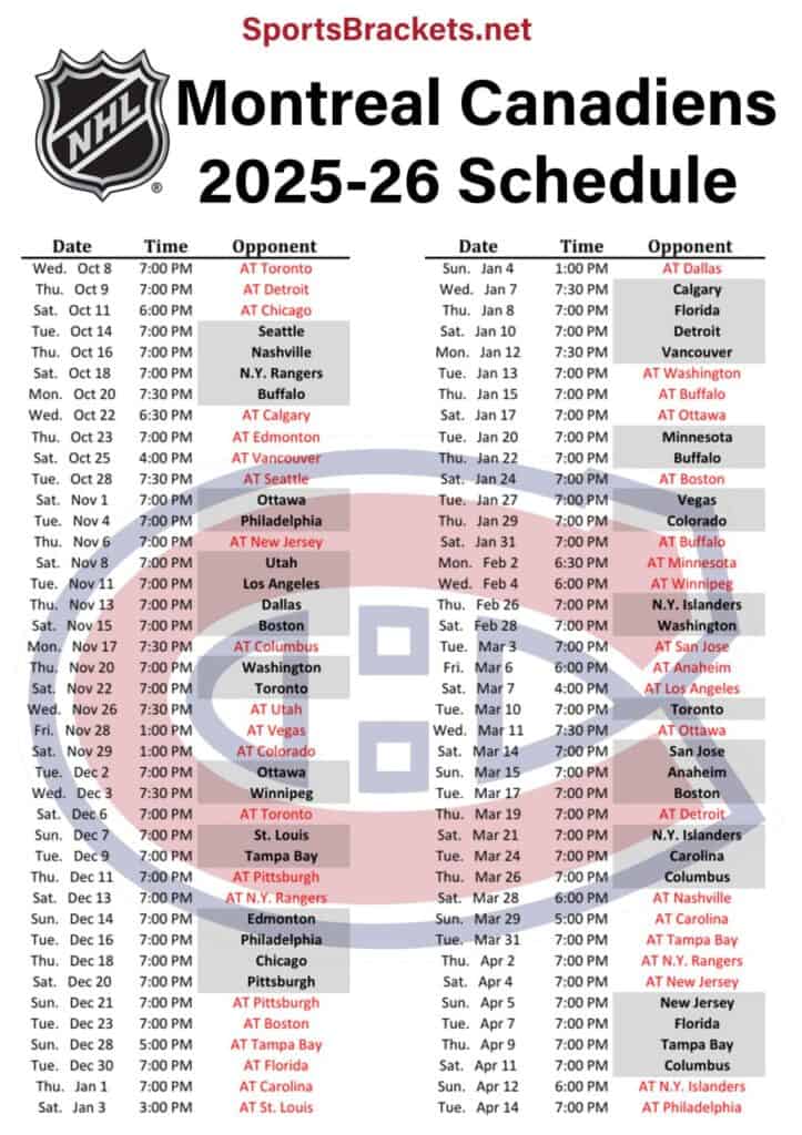 Printable 2025-26 Montreal Canadiens Schedule