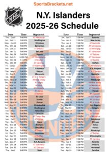 Printable 2025-26 New York Islanders Schedule