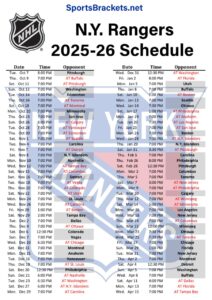 Printable 2025-26 New York Rangers Schedule