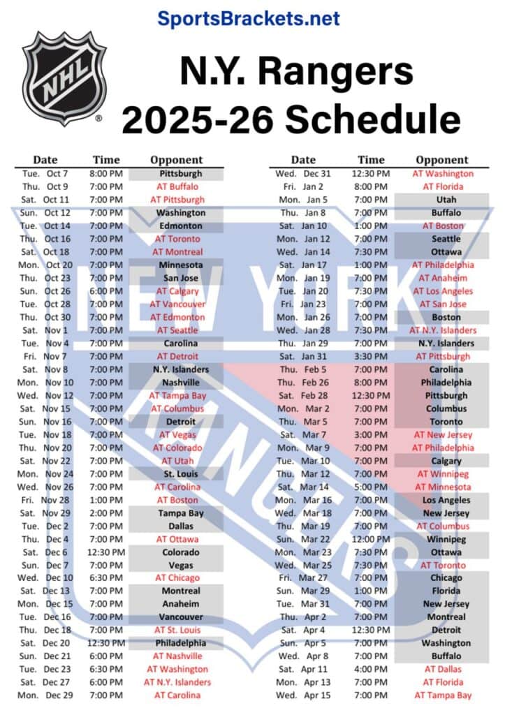 Printable 2025-26 New York Rangers Schedule