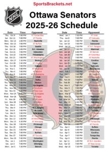 Printable 2025-26 Ottawa Senators Schedule