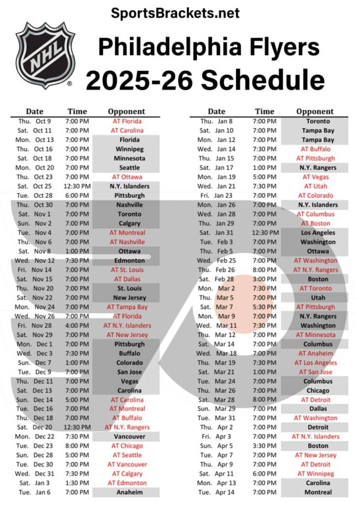 Printable 2025-26 Philadelphia Flyers Schedule