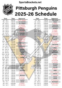 Printable 2025-26 Pittsburgh Penguins Schedule