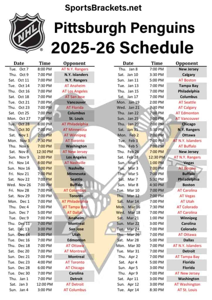 Printable 2025-26 Pittsburgh Penguins Schedule