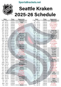 Printable 2025-26 Seattle Kraken Schedule