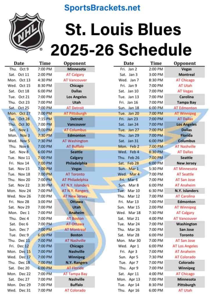 Printable 2025-26 St. Louis Blues Schedule