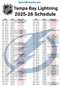 Printable 2025-26 Tampa Bay Lightning Schedule