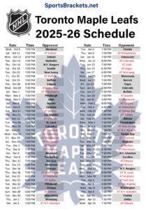 Printable 2025-26 Toronto Maple Leafs Schedule