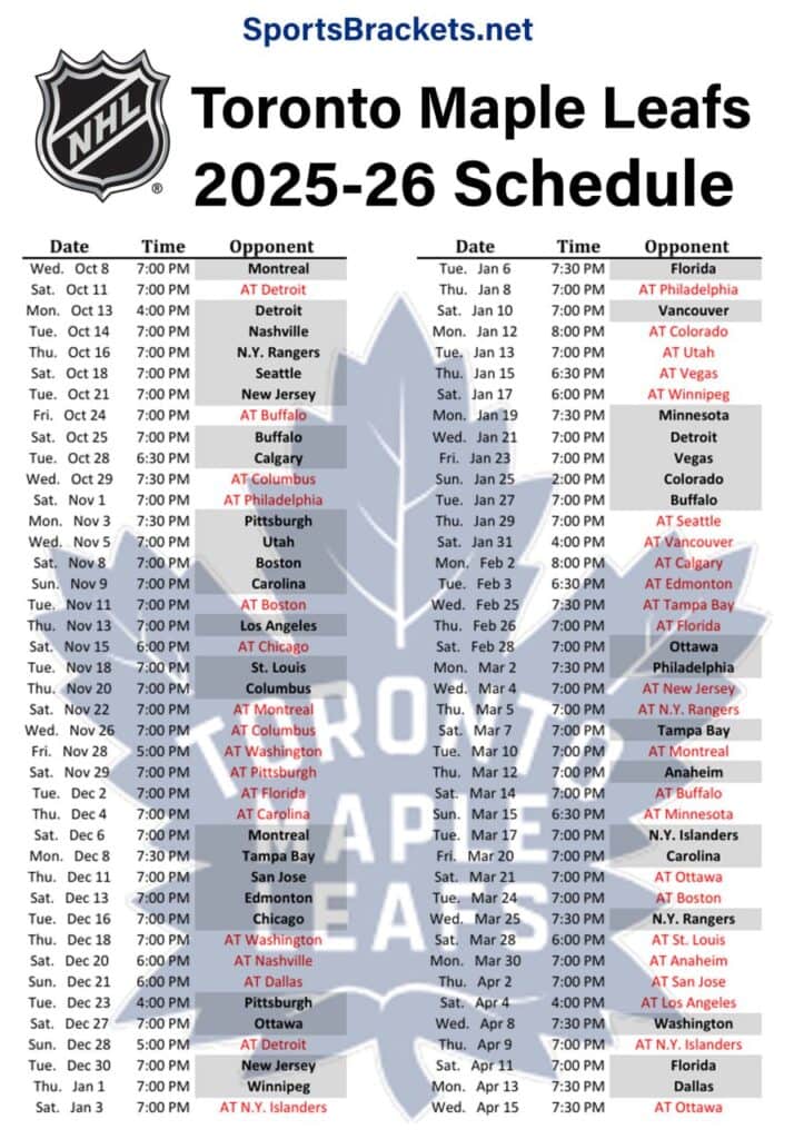 Printable 2025-26 Toronto Maple Leafs Schedule