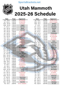Printable 2025-26 Utah Mammoth Schedule