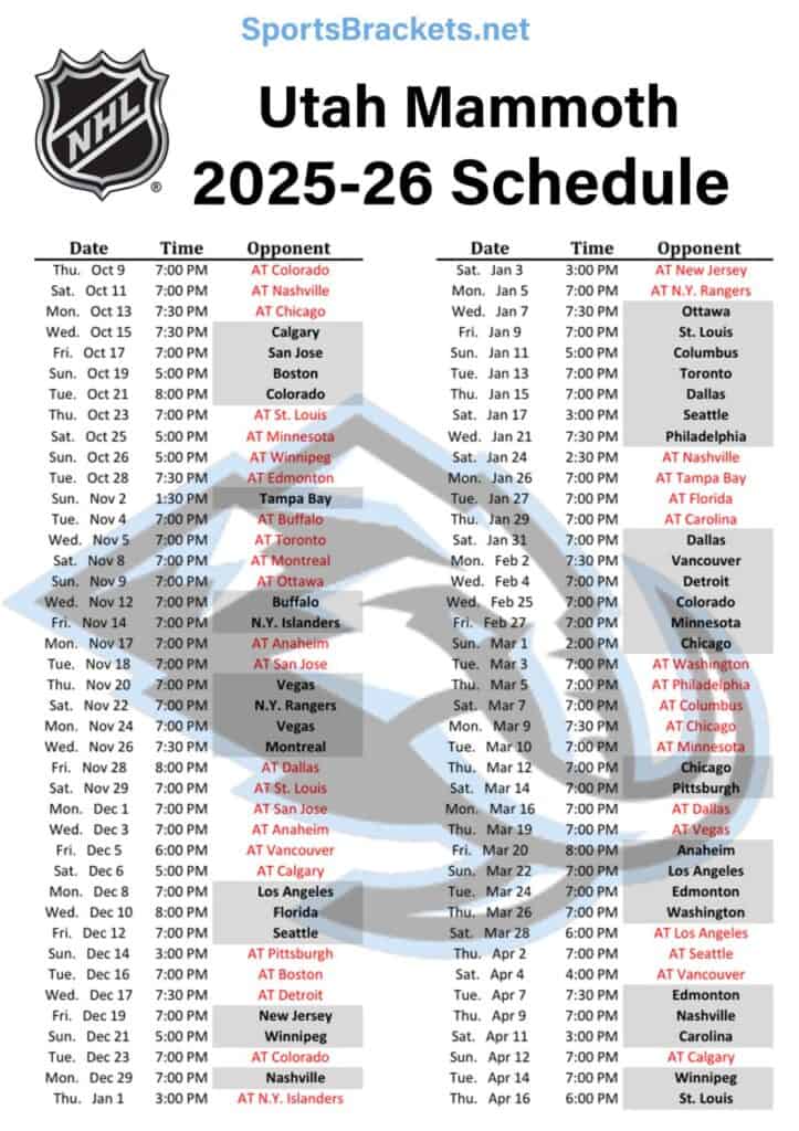 Printable 2025-26 Utah Mammoth Schedule