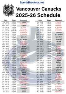 Printable 2025-26 Vancouver Canucks Schedule