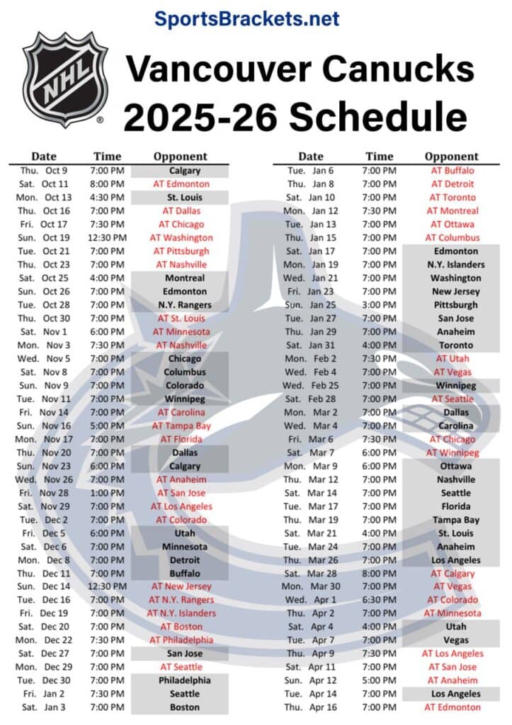 Printable 2025-26 Vancouver Canucks Schedule