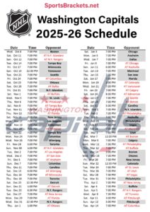 Printable 2025-26 Washington Capitals Schedule