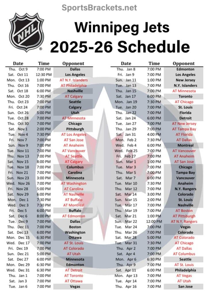 Printable 2025-26 Winnipeg Jets Schedule