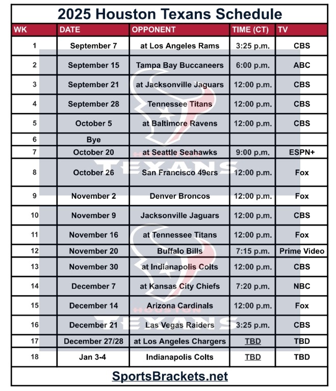 Printable 2025 Houston Texans Schedule Matchups And TV Broadcasts Printable 2025 Houston Texans Schedule