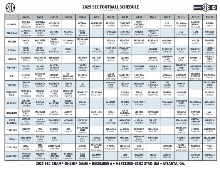 Printable 2025 SEC Football Schedule Grid