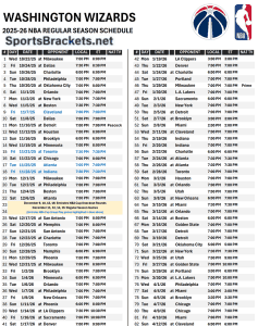 Printable 2025-26 Washington Wizards Schedule