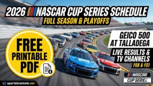 Promo banner for the 2026 NASCAR Cup Series schedule with race cars on a speedway and a yellow 'Free Printable PDF' badge.