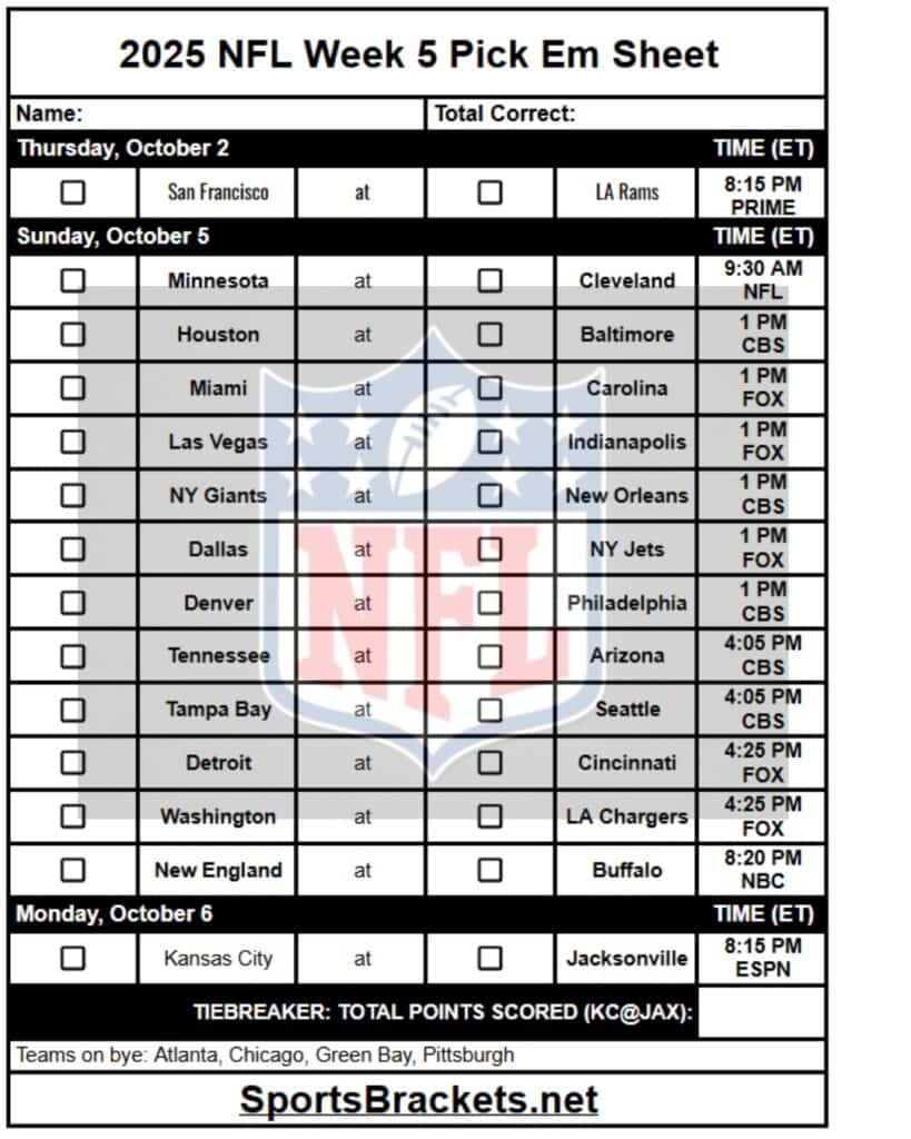 2025 NFL Pick Em Sheet Week 5