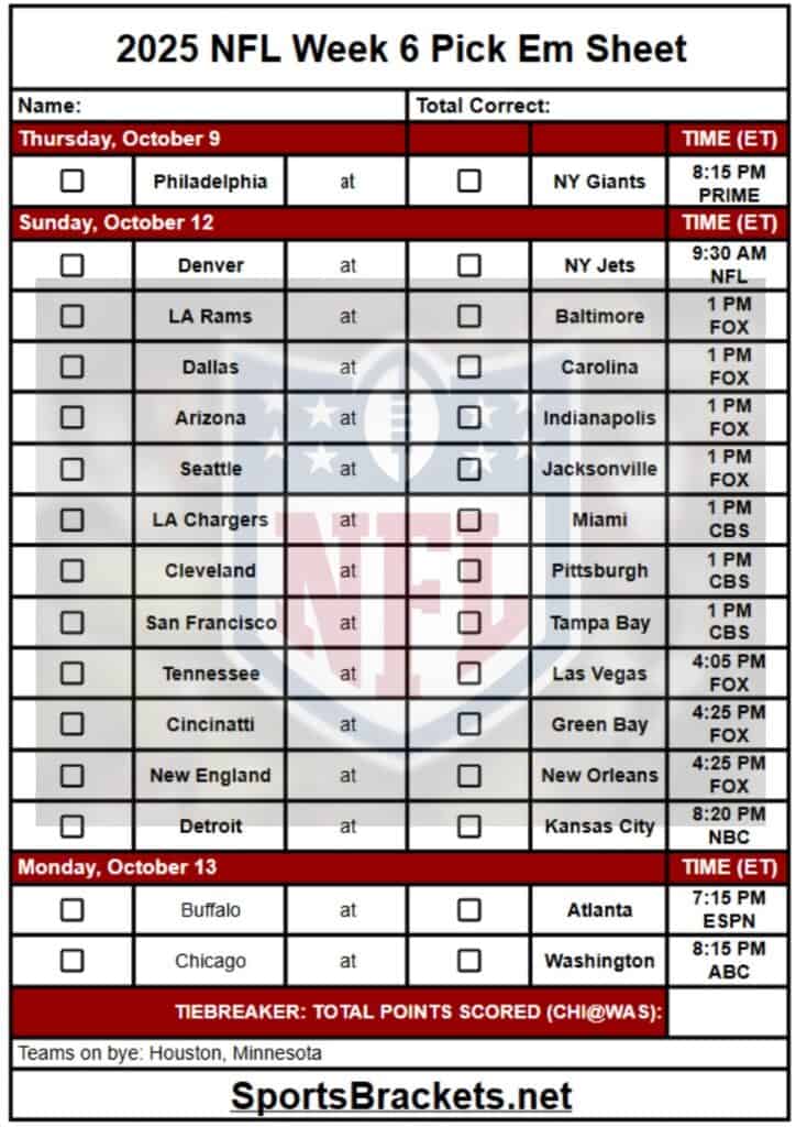 Printable 2025 NFL Week 6 Pick Em Sheet