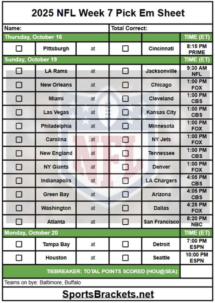 2025 NFL Pick Em Sheet Week 7
