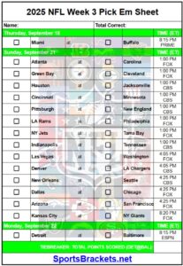 2025 NFL Week 3 Pick Em Sheet